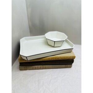 Odeme Ceramic Vanity Tray and Octagonal Ring Bowl Set White with Black Trim